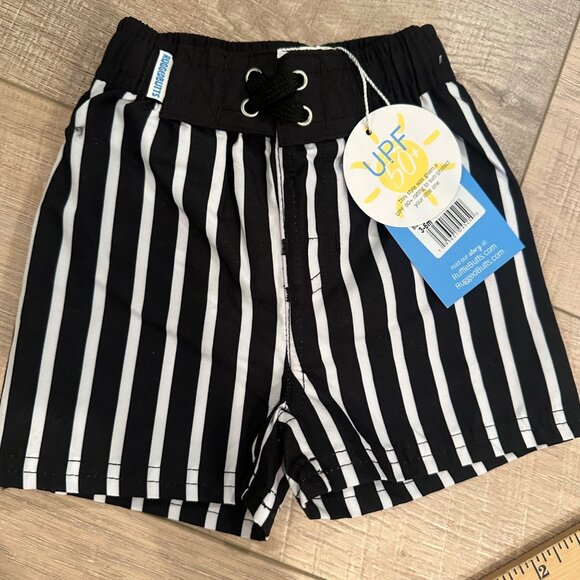 RUFFLE BUTTS BOYS BLACK STRIPED SWIM TRUNK SHORTS NEW 3-6 MONTHS - Picture 1 of 6